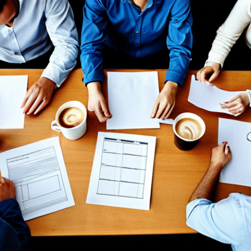 Home 22 A startup team huddled around a table, brainstorming urgently. Empty coffee cups and scattered papers surround them. The atmosphere is tense but focused. They are pivoting their business strategy to survive a financial crisis, embodying resilience.