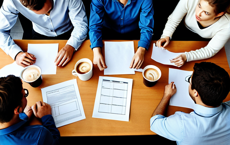 A startup team huddled around a table, brainstorming urgently. Empty coffee cups and scattered papers surround them. The atmosphere is tense but focused. They are pivoting their business strategy to survive a financial crisis, embodying resilience.
