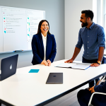 A diverse team of professional individuals, male and female, of varying ethnicities, fully clothed in modest business casual attire, collaboratively working around a large modern conference table in a bright, open-plan startup office. They are discussing ideas with enthusiasm, looking at a whiteboard filled with strategic concepts and team goals. The scene emphasizes strong teamwork, shared vision, and problem-solving in a dynamic environment. Natural poses, perfect anatomy, correct proportions, well-formed hands, proper finger count, natural body proportions. Professional photography, high quality, vibrant colors, appropriate content, safe for work, family-friendly.