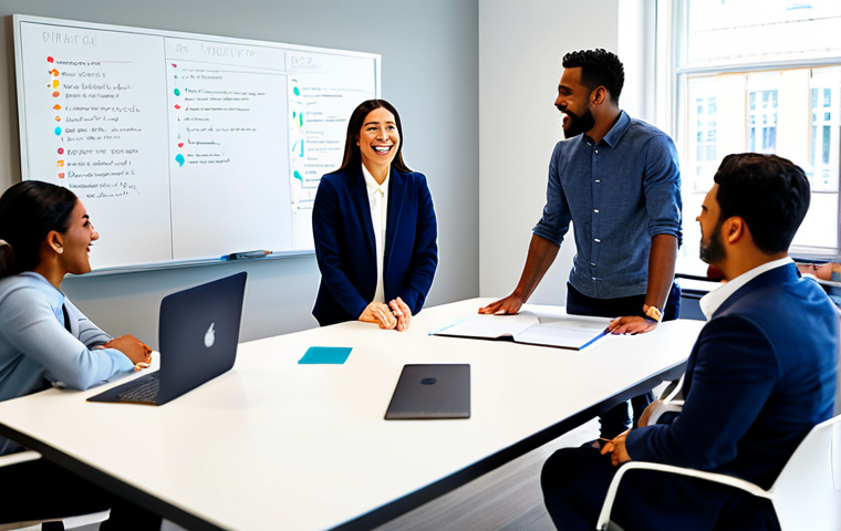 A diverse team of professional individuals, male and female, of varying ethnicities, fully clothed in modest business casual attire, collaboratively working around a large modern conference table in a bright, open-plan startup office. They are discussing ideas with enthusiasm, looking at a whiteboard filled with strategic concepts and team goals. The scene emphasizes strong teamwork, shared vision, and problem-solving in a dynamic environment. Natural poses, perfect anatomy, correct proportions, well-formed hands, proper finger count, natural body proportions. Professional photography, high quality, vibrant colors, appropriate content, safe for work, family-friendly.