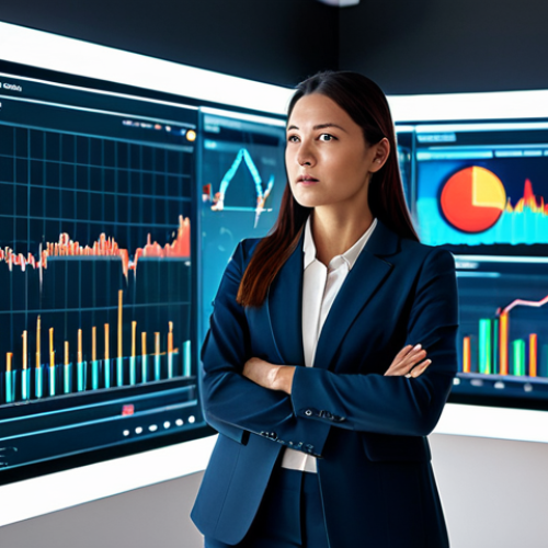 Home 9 A focused professional female investor, fully clothed in a modest business suit, stands in a sleek, modern, high-tech office. Large, transparent holographic screens around her display intricate financial charts, AI-generated trend predictions, and real-time big data visualizations. She is gesturing towards a specific data point on a screen, embodying deep analytical insight. The lighting is crisp and professional, creating an atmosphere of innovation and strategic thinking. perfect anatomy, correct proportions, natural pose, well-formed hands, proper finger count, natural body proportions, professional photography, high quality, safe for work, appropriate content, family-friendly.