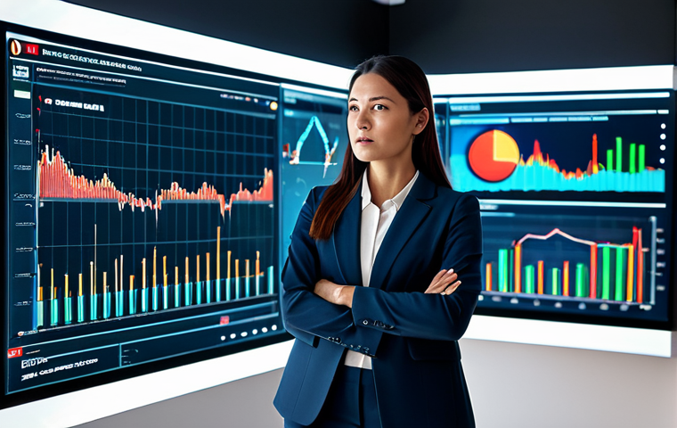 A focused professional female investor, fully clothed in a modest business suit, stands in a sleek, modern, high-tech office. Large, transparent holographic screens around her display intricate financial charts, AI-generated trend predictions, and real-time big data visualizations. She is gesturing towards a specific data point on a screen, embodying deep analytical insight. The lighting is crisp and professional, creating an atmosphere of innovation and strategic thinking. perfect anatomy, correct proportions, natural pose, well-formed hands, proper finger count, natural body proportions, professional photography, high quality, safe for work, appropriate content, family-friendly.
