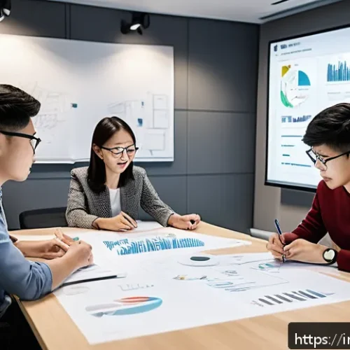 Home 32 시드 투자 기업의 브랜드 전략 평가 - A dynamic startup team in a modern office brainstorming around a large digital screen displaying bra...