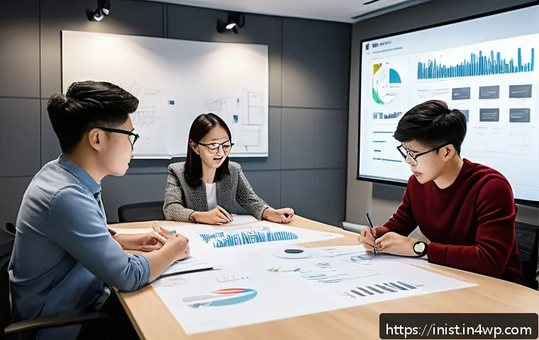 시드 투자 기업의 브랜드 전략 평가 - A dynamic startup team in a modern office brainstorming around a large digital screen displaying bra...