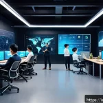 Home 19 시드 투자 산업 트렌드 분석 - A futuristic startup office environment showcasing a diverse team of young professionals collaborati...